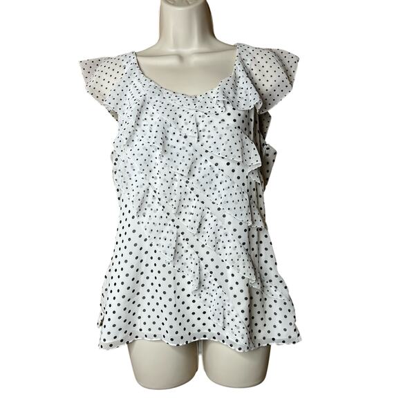 White House Black Market Tops - WHBM White House Black Market White with Black Dots Ruffle Sleeveless Top 10